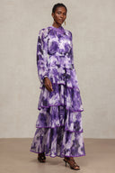 Jolie Round Neck Long Sleeves Floral Printed Folds Maxi Dress