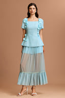 Linnaea Short Sleeves Flowers Folds Top And Skirt Two-Piece Set