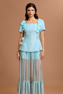 Linnaea Short Sleeves Flowers Folds Top And Skirt Two-Piece Set