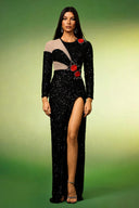 Pillose Long Sleeves Flowers Sequins Slit Maxi Dress