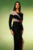 Pillose Long Sleeves Flowers Sequins Slit Maxi Dress