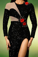 Pillose Long Sleeves Flowers Sequins Slit Maxi Dress