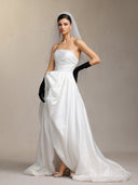 Huresa Strapless veilblack gloves short front and long back maxi wedding dress