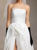 Huresa Strapless veilblack gloves short front and long back maxi wedding dress