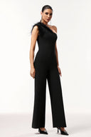 Ueza One Shoulder Sleeveless Feather Maxi Jumpsuit