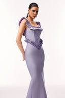 Delia Sleeveless Ruffled Edge Beadwork Bandage Maxi Dress