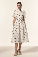Kiera Lapel Dot Printed Puff Sleeves Midi Dress