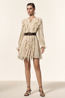 Kavaza Round Neck Long Sleeves Folds Mini Dress