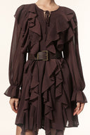 Kavaza Round Neck Long Sleeves Folds Mini Dress