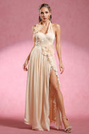 Davina Halter Sleeveless Flower Slit Maxi Dress