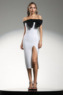 Locava Off The Shoulder Bow Contrast Color Bandage Midi Dress