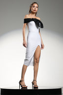 Locava Off The Shoulder Bow Contrast Color Bandage Midi Dress