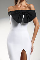 Locava Off The Shoulder Bow Contrast Color Bandage Midi Dress