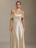 Elsie Off-the-shoulder, tapered, waist-cinching maxi dress