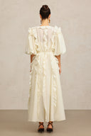 Wika V-Neck Elbow Sleeves Folds Beige Maxi Dress