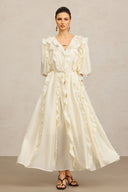 Wika V-Neck Elbow Sleeves Folds Beige Maxi Dress
