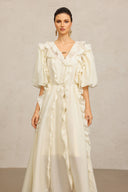 Wika V-Neck Elbow Sleeves Folds Beige Maxi Dress