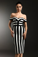 Perly Off The Shoulder Sleeveless Stripes Slit Bandage Maxi Dress