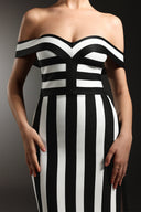 Perly Off The Shoulder Sleeveless Stripes Slit Bandage Maxi Dress