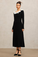 Steffi Round Neck Flowers Long Sleeves Folds Maxi Dress