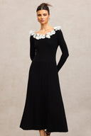Steffi Round Neck Flowers Long Sleeves Folds Maxi Dress