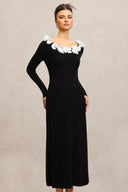 Steffi Round Neck Flowers Long Sleeves Folds Maxi Dress