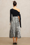 Marina One Shoulder Streamer Leopard Print Denim Top And Skirt Two-Piece Set