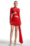 Tikia Asymmetrical High Collar Long Sleeve Cutout Rhinestone Mini Dress
