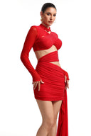 Tikia Asymmetrical High Collar Long Sleeve Cutout Rhinestone Mini Dress