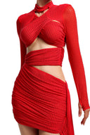 Tikia Asymmetrical High Collar Long Sleeve Cutout Rhinestone Mini Dress