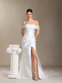 Wenrey Off-the-shoulder Pleating waist-cinching slit tail maxi wedding dress