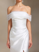 Wenrey Off-the-shoulder Pleating waist-cinching slit tail maxi wedding dress