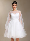 Zakana Long sleeves Pearl Mesh yarn Satin Mini wedding dress