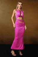 Lalida Sleeveless Halter Rhinestone Cut Out Maxi Dress