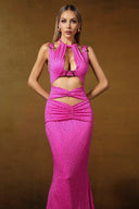 Lalida Sleeveless Halter Rhinestone Cut Out Maxi Dress