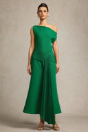 Paulina Oblique Shoulder Sleeveless Folds Green Midi Dress