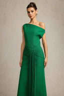 Paulina Oblique Shoulder Sleeveless Folds Green Midi Dress
