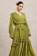 Gaki Long Sleeves Folds Flowers Maxi Dress