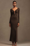 Iana Elegant Contour Ruched V Neck Long Sleeve Maxi Dress