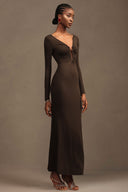 Iana Elegant Contour Ruched V Neck Long Sleeve Maxi Dress