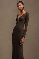 Iana Elegant Contour Ruched V Neck Long Sleeve Maxi Dress