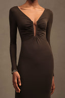 Iana Elegant Contour Ruched V Neck Long Sleeve Maxi Dress