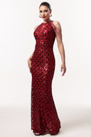 Mallen Glamorous Embellished Halter Fish Scale Sequin Maxi Dress