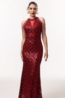 Mallen Glamorous Embellished Halter Fish Scale Sequin Maxi Dress