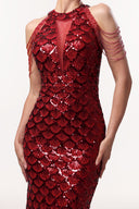 Mallen Glamorous Embellished Halter Fish Scale Sequin Maxi Dress