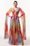 Zelda Sexy Flowy V Neck Cape Sleeve Abstract Print Maxi Dress