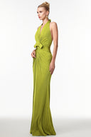 Jalila Sexy Contour V Neck Ruched Knot Slit Knit Maxi Dress