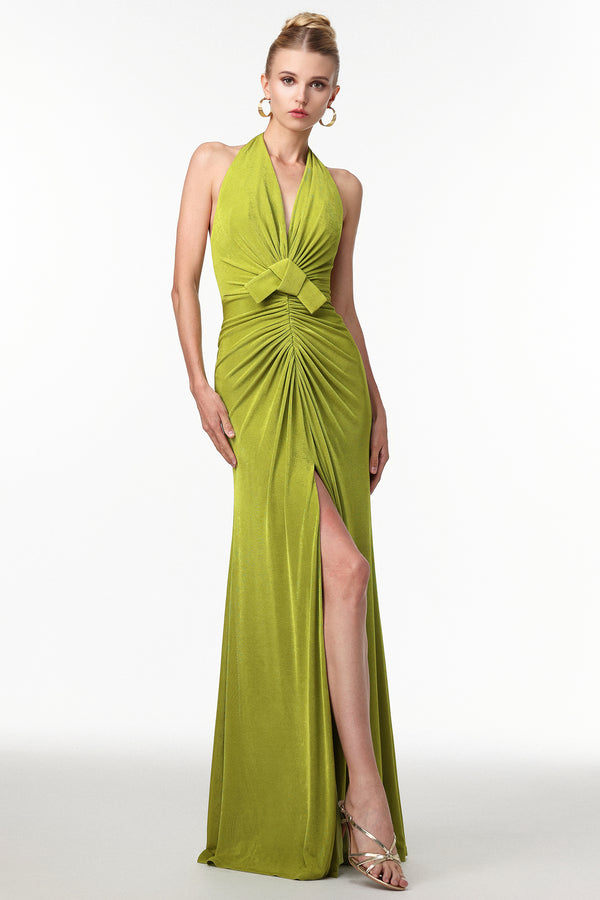 Jalila Seksi Kontür V Yaka Büzgülü Düğüm Yırtmaçlı Örme Maksi Elbise