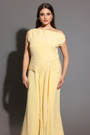 Paulina Oblique Shoulder Sleeveless Folds Yellow Midi Dress
