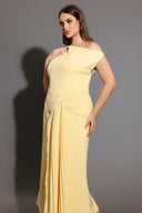 Paulina Oblique Shoulder Sleeveless Folds Yellow Midi Dress